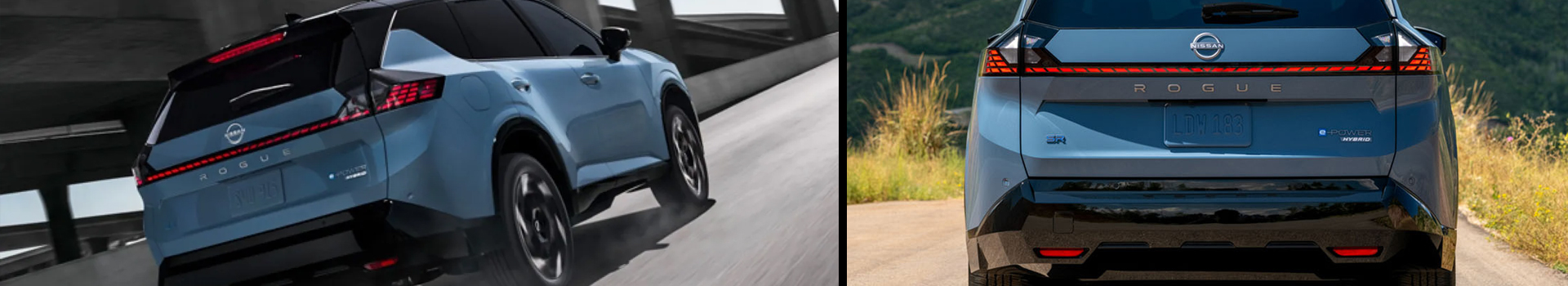 Nissan Rogue hybride bleu vu de trois quarts arrière et de dos